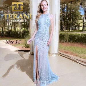 Terani Couture Blue Embellished Slit Evening Gown